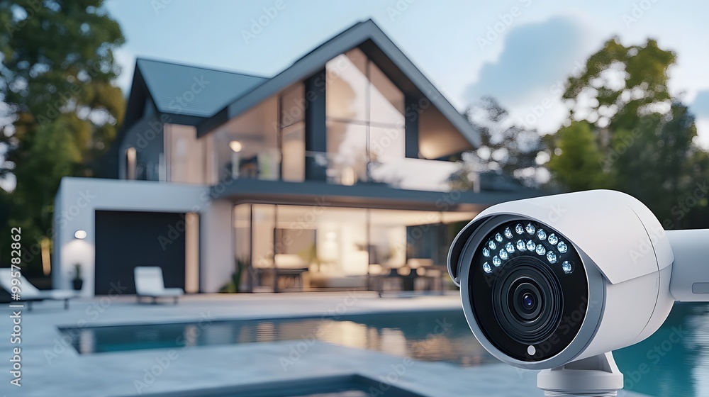 A Security Camera Monitoring a Modern Home with a Pool A Security Camera Monitoring a Modern Home with a Pool