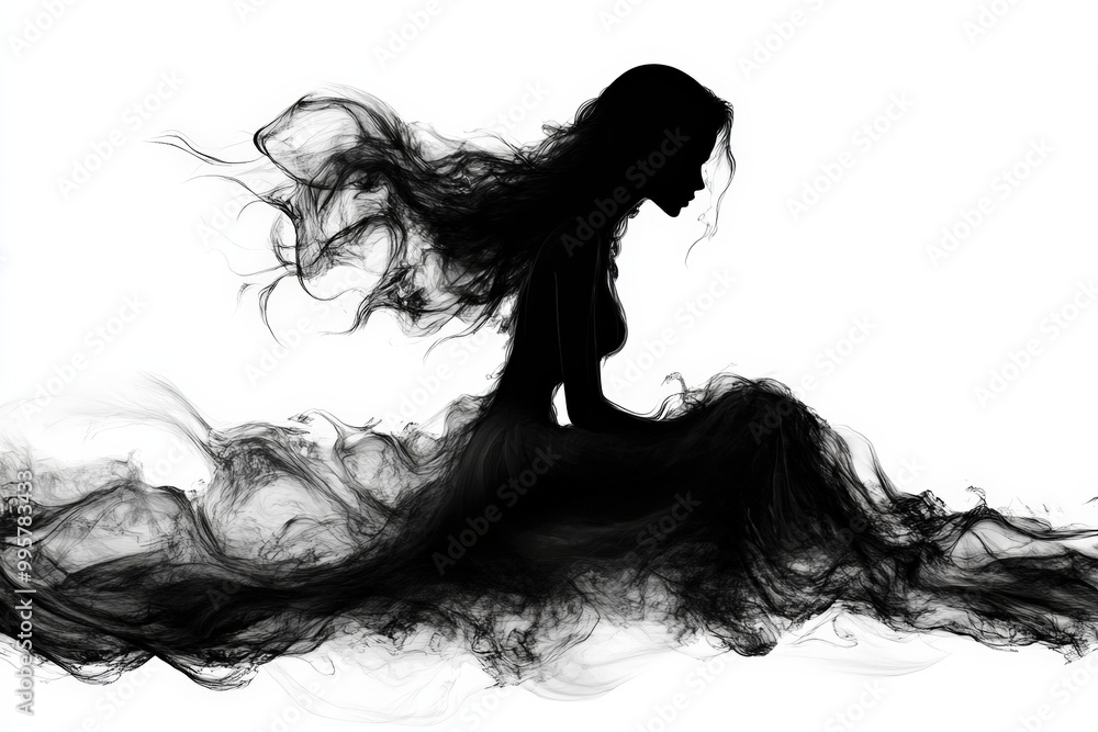 Silhouette of a woman with flowing hair and fabric, abstract black on white background. Silhouette of a woman with flowing hair and fabric, abstract black on white background.