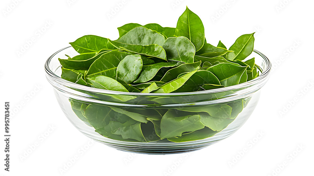 Extreme front view of full Curry Leaves in a small glass bowl isolated on a white transparent background Extreme front view of full Curry Leaves in a small glass bowl isolated on a white transparent background