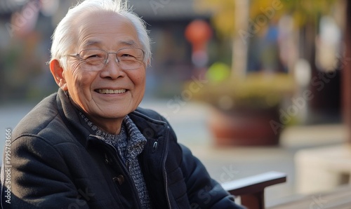 Smiling elderly man wearing glasses and jacket.