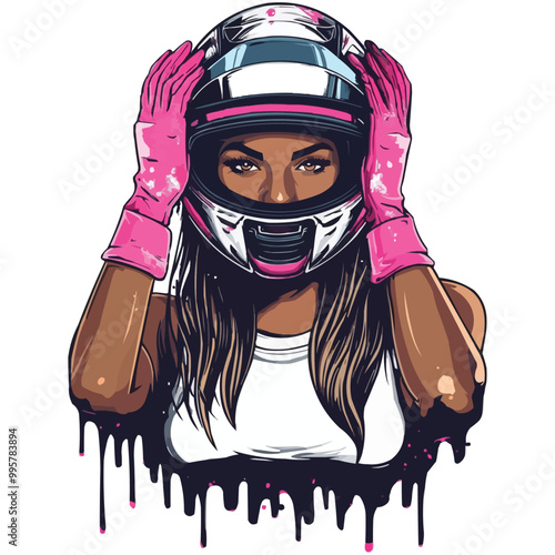 vector illustration of an attractive woman with her helmet on top of her head and wearing pink racing gloves