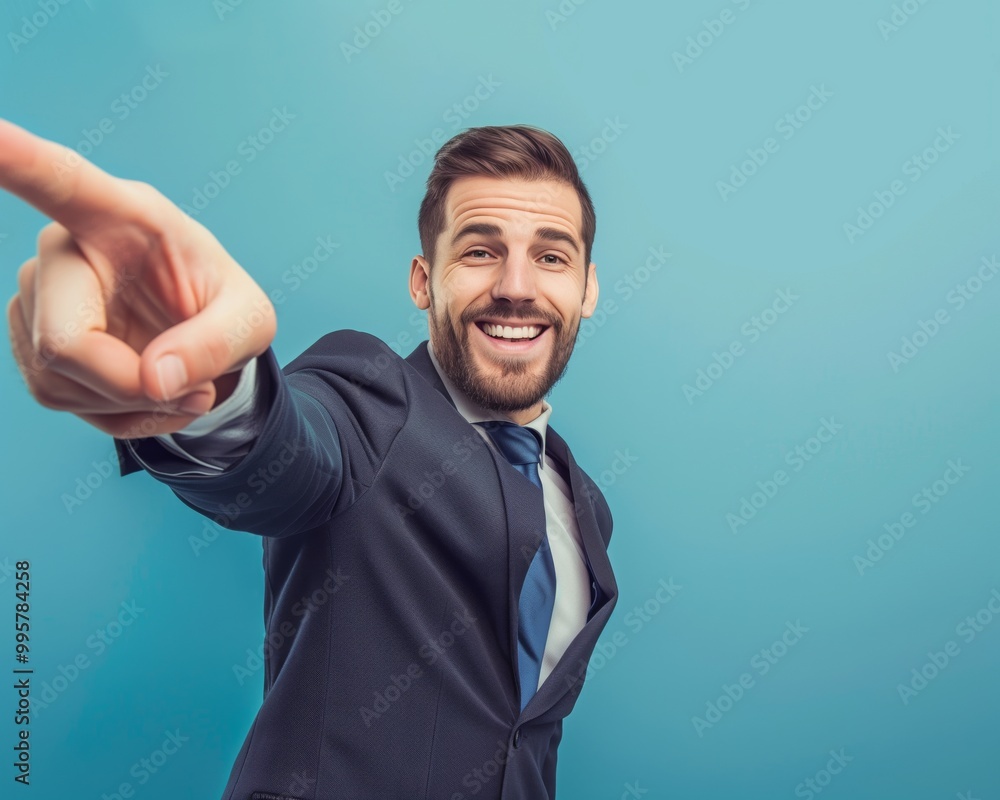 Professional Man in Suit Pointing and Smiling Against Blue Background - Confident and Positive Vibes.