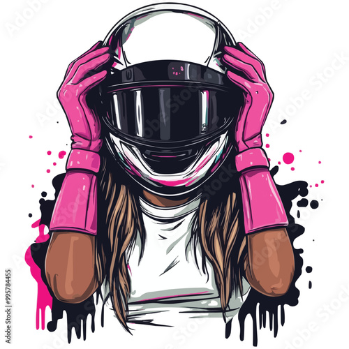 vector illustration of an attractive woman with her helmet on top of her head and wearing pink racing gloves