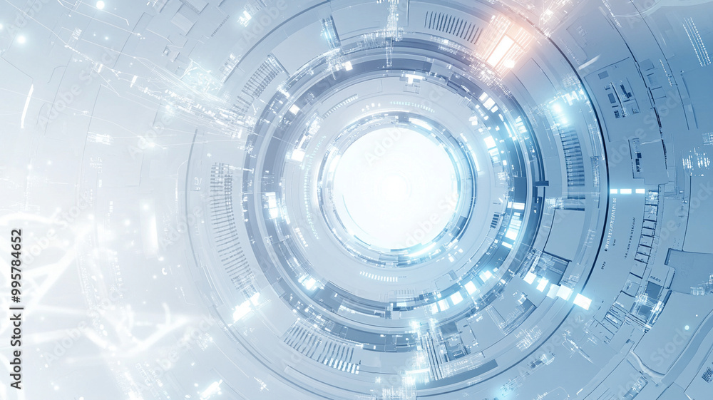 Futuristic technological graphic background featuring circular design with glowing elements and bright center, conveying sense of innovation and advanced technology Futuristic technological graphic background featuring circular design with glowing elements and bright center, conveying sense of innovation and advanced technology