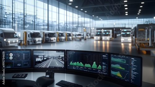 Electric car fleet management – Inside a high-tech control room overlooking a logistics center, where multiple screens display live data on a fleet of electric cars. The dashboard shows real-time upda
