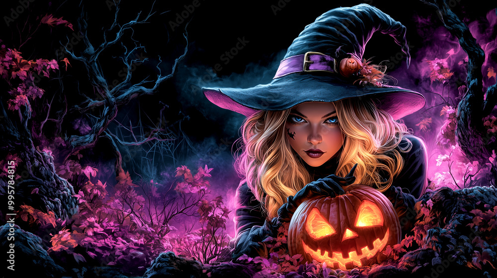 A woman in a witch hat is holding a pumpkin. The image is of a Halloween scene. The woman is standing in a forest with trees in the background. Scene is spooky and mysterious A woman in a witch hat is holding a pumpkin. The image is of a Halloween scene. The woman is standing in a forest with trees in the background. Scene is spooky and mysterious