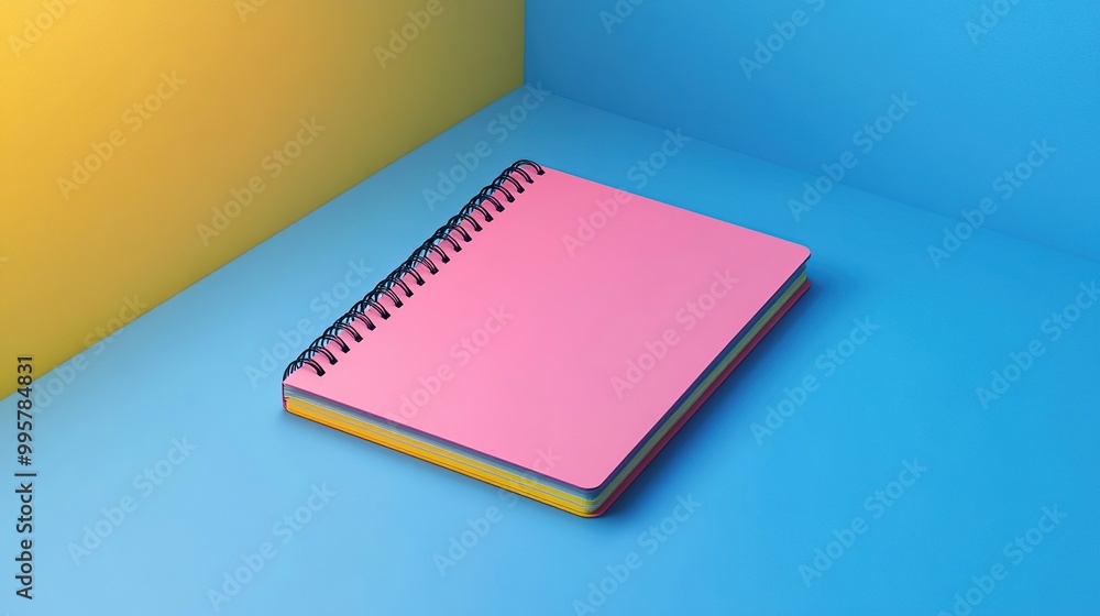 Fototapeta premium A colorful spiral-bound notebook resting on a vibrant blue surface.