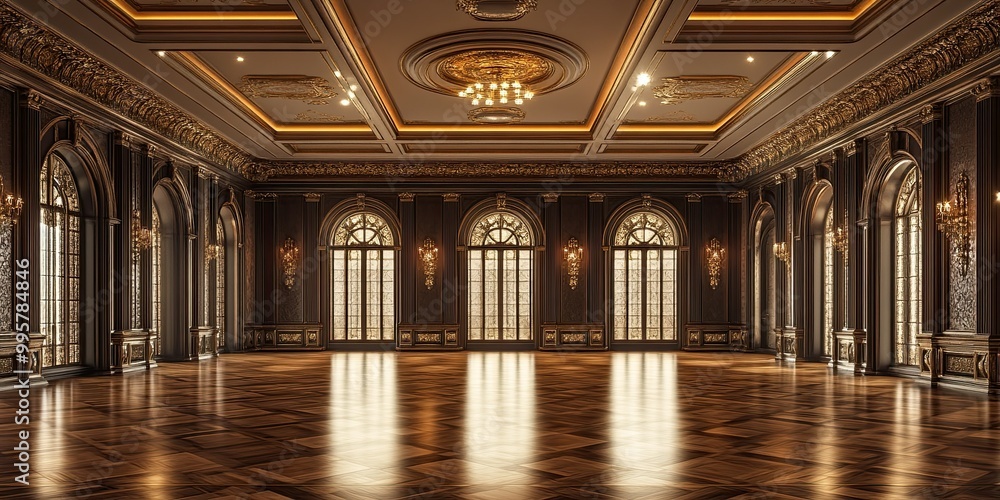 Obraz premium luxury silver hotel ballroom with wooden intricate royal carving wall and elegant wooden floor 