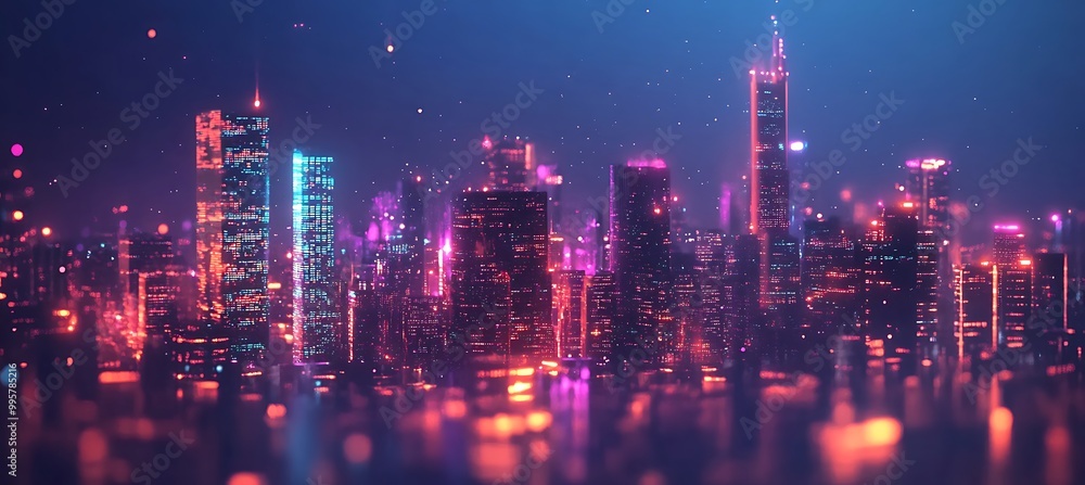 A holographic city skyline at night, with glowing lights and 3D projections A holographic city skyline at night, with glowing lights and 3D projections