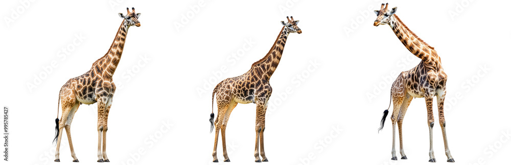 Naklejka premium Set of tall giraffes standing gracefully isolated on white background