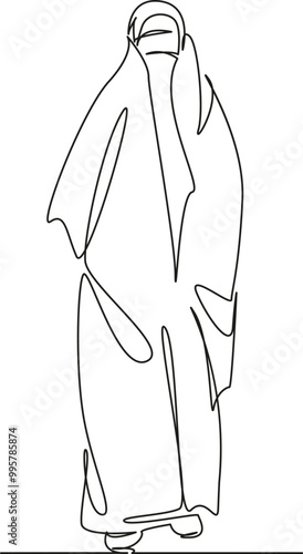 One continuous single drawing line art flat doodle woman, muslim, islam, religion, covering, portrait, traditional, tradition, dress, person. Isolated image hand draw contour on a white background