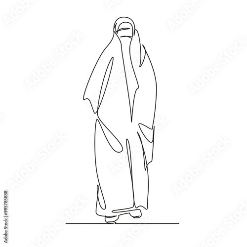 One continuous single drawing line art flat doodle woman, muslim, islam, religion, covering, portrait, traditional, tradition, dress, person. Isolated image hand draw contour on a white background