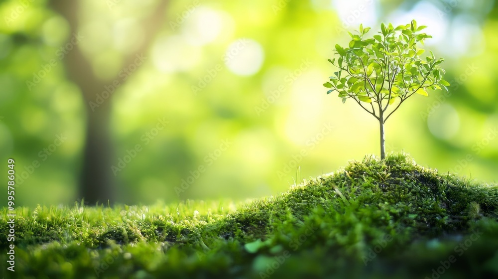 Thriving Miniature Tree Growing on Lush Mossy Ground in Verdant Forest Environment Thriving Miniature Tree Growing on Lush Mossy Ground in Verdant Forest Environment