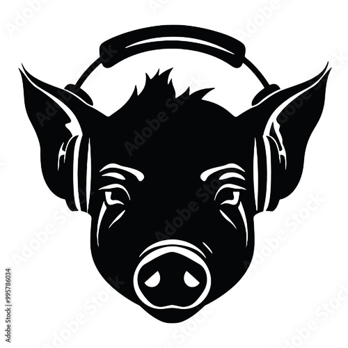 Cool rich gangster boss pig with  with headphones on isolated background