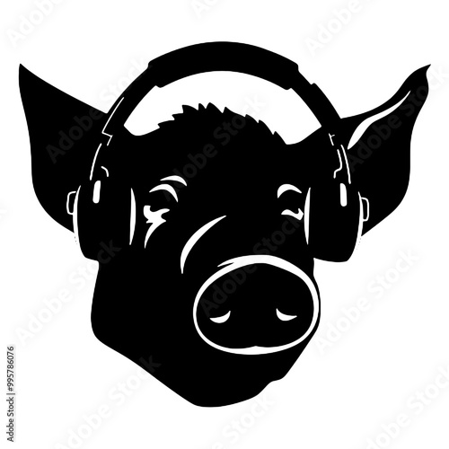 Cool rich gangster boss pig with  with headphones on isolated background