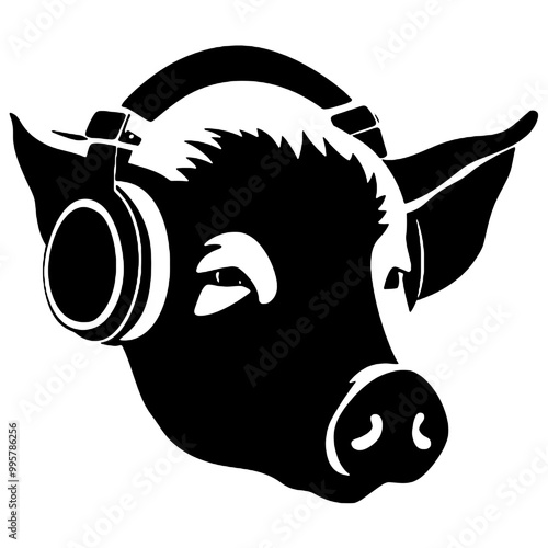 Cool rich gangster boss pig with  with headphones on isolated background