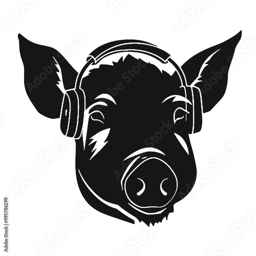 Cool rich gangster boss pig with  with headphones on isolated background