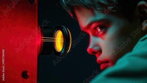 Person in a dark room with laser beams focusing on a single glowing object, sharp focus, visual representation of intense concentration