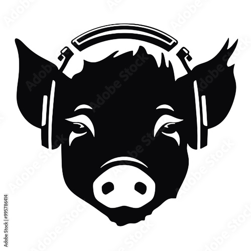 Cool rich gangster boss pig with  with headphones on isolated background