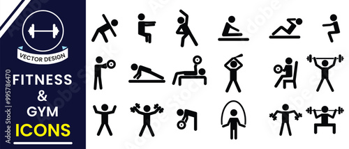 Fitness and Gym icon, vector set. Gym, Fitness and Exercise flat icons set. Gym and fitness silhouette icon set. Gym and Workout Set, Vector illustration.