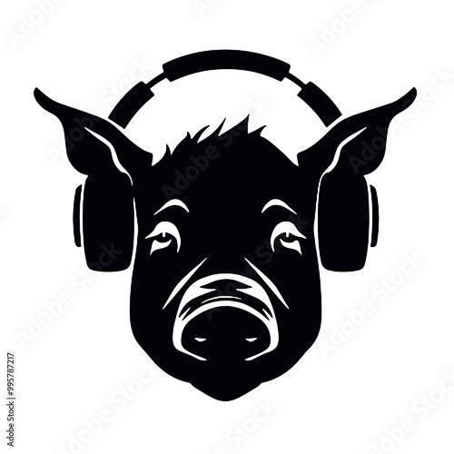 Cool rich gangster boss pig with  with headphones on isolated background