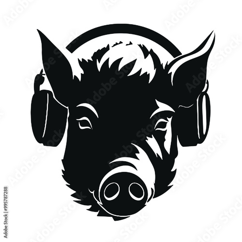 Cool rich gangster boss pig with  with headphones on isolated background