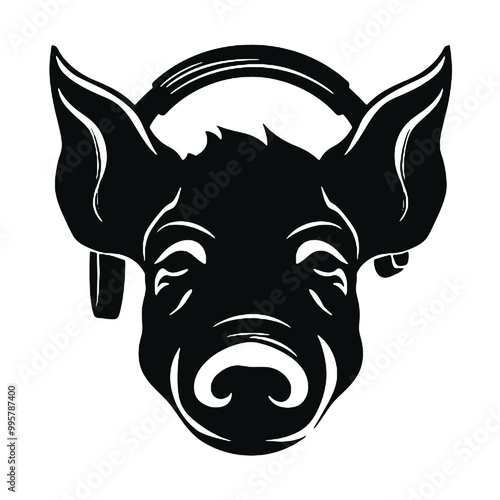 Cool rich gangster boss pig with  with headphones on isolated background