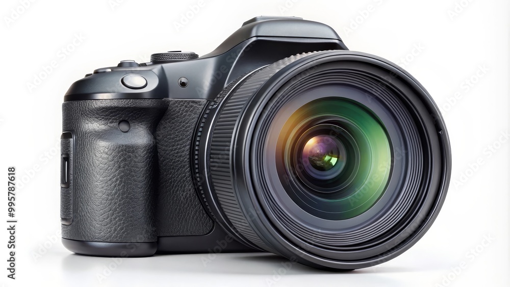 Modern professional digital camera with a big lens is standing on a white background Modern professional digital camera with a big lens is standing on a white background
