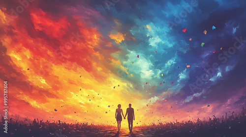 A couple stands hand in hand against a vibrant sunset sky, symbolizing love and connection amidst colorful clouds.