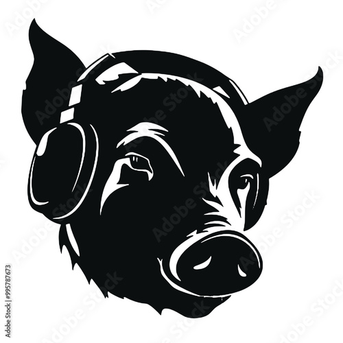 Cool rich gangster boss pig with  with headphones on isolated background