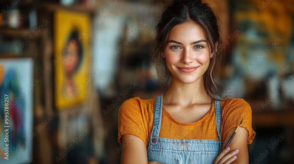 A joyful young woman smiles, showcasing confidence and creativity in a vibrant artistic environment filled with colorful artwork. A joyful young woman smiles, showcasing confidence and creativity in a vibrant artistic environment filled with colorful artwork.