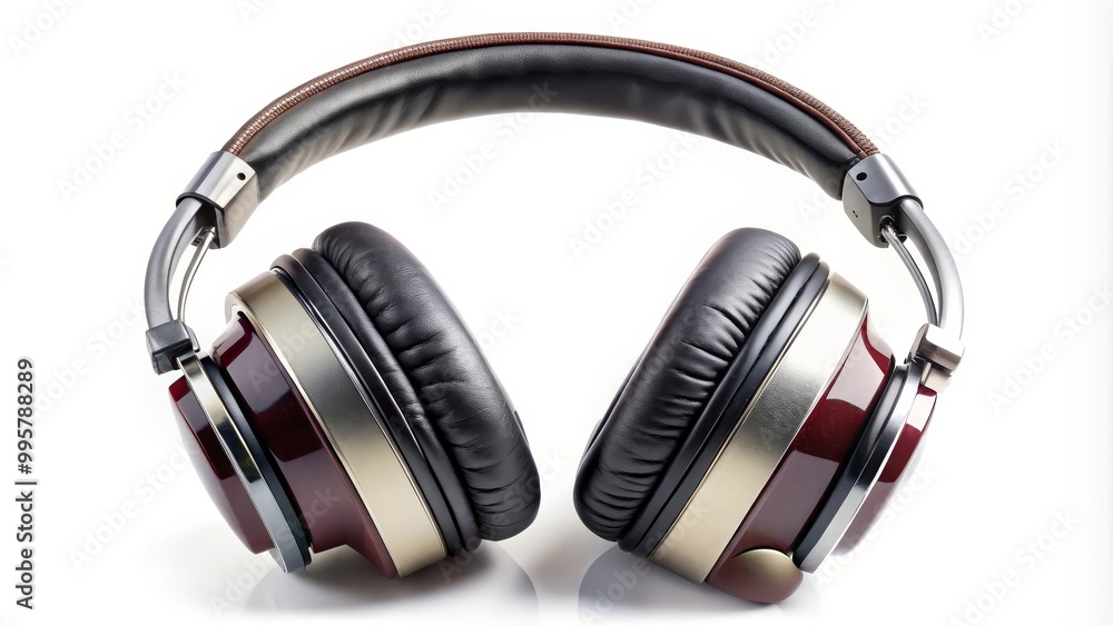 Professional over ear headphones with red and gold accents are lying on a white background Professional over ear headphones with red and gold accents are lying on a white background