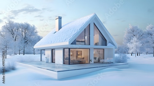 Modern White House with Snow Covered Roof in Winter Landscape