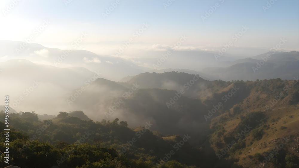 Serene Morning Landscape with Misty Mountains Serene Morning Landscape with Misty Mountains
