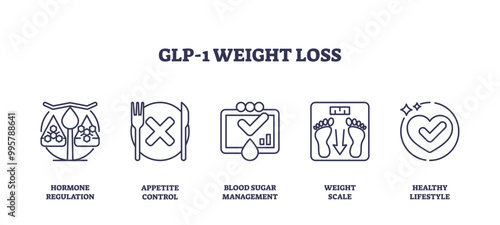 Outline icons set depicting hormone regulation, appetite control, blood sugar management, weight scale, and healthy lifestyle, preferably at the end of the sentence.