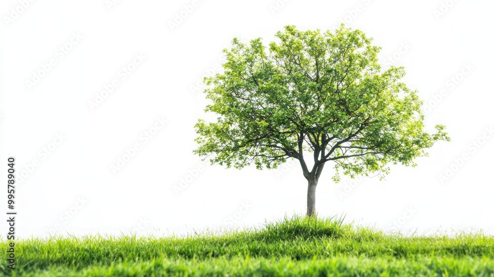 Lush green tree in spring meadow under bright sunlight ideal for environmental and nature concepts Lush green tree in spring meadow under bright sunlight ideal for environmental and nature concepts
