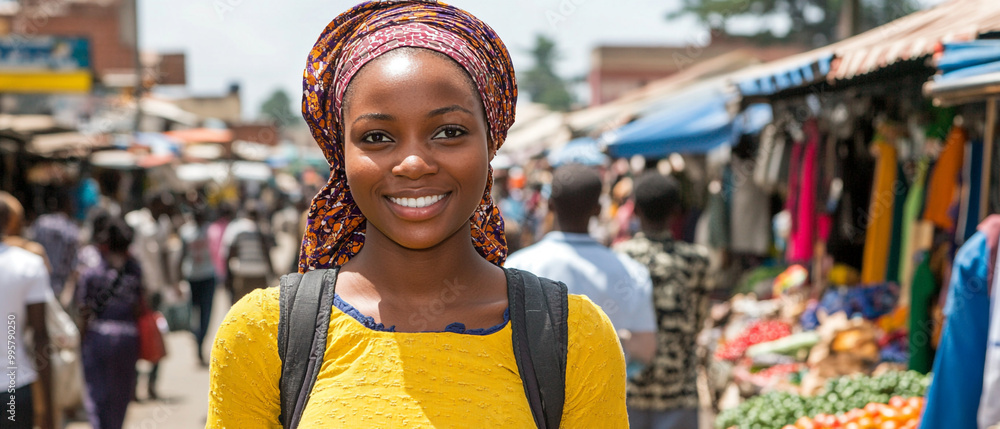 Obraz premium A young woman smiles confidently in a vibrant market, showcasing the lively atmosphere and colorful surroundings of urban life.