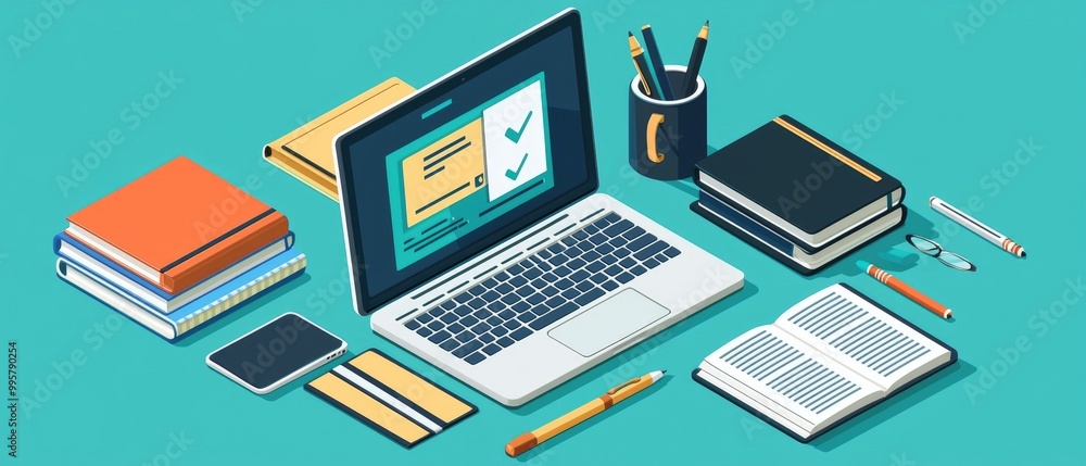 Workspace setup with laptop, notebooks, and stationery Workspace setup with laptop, notebooks, and stationery