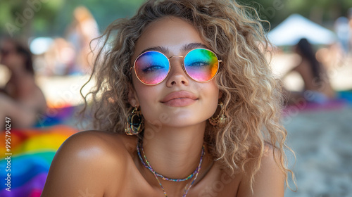 A young woman poses confidently in colorful sunglasses on a sunny beach day, capturing a vibrant summer vibe and joyful spirit.