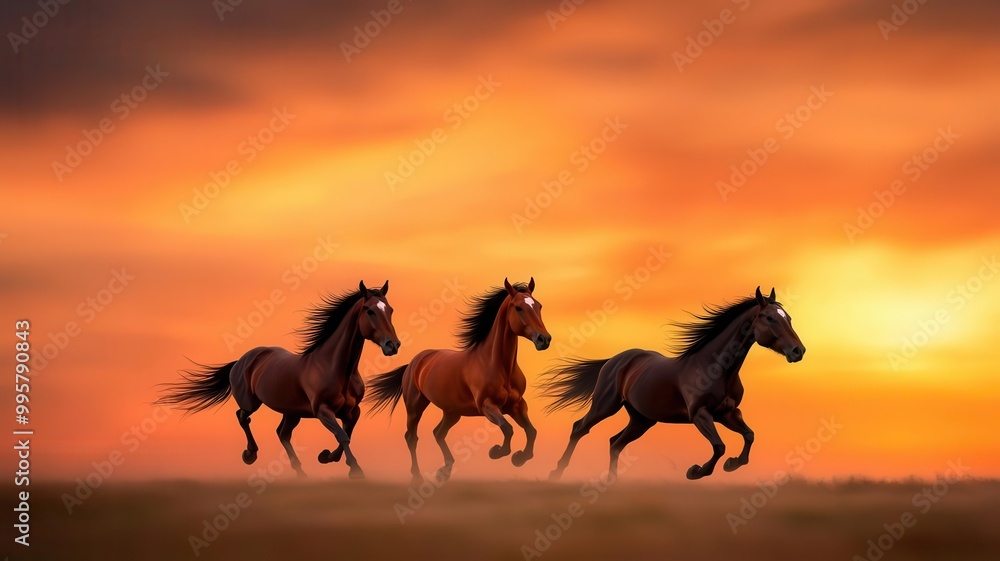 Three horses gallop against a stunning sunset, embodying freedom and grace in a vibrant landscape of warm hues. Three horses gallop against a stunning sunset, embodying freedom and grace in a vibrant landscape of warm hues.