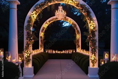 Stunning Archway with Dancing Flames in a Sophisticated Evening Setting photo