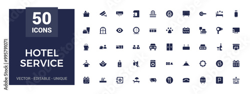 Hotel service icon collection. Hospitality symbol, room, service, booking, filled icons set, glyph for web and ui. Solid icon set. Vector illustration.