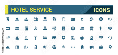 Hotel service icon collection. Hospitality symbol, room, service, booking, filled icons set, glyph for web and ui. Solid icon set. Vector illustration.