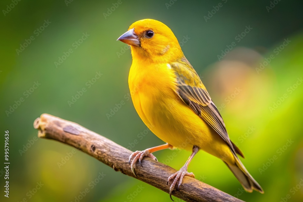 A striking yellow finch perches gracefully on a branch, its brilliant feathers contrasting beautifully with a softly A striking yellow finch perches gracefully on a branch, its brilliant feathers contrasting beautifully with a softly