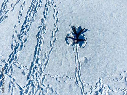 View from above of the ancient bell tower of Curon Venosta on Lake Resia photo