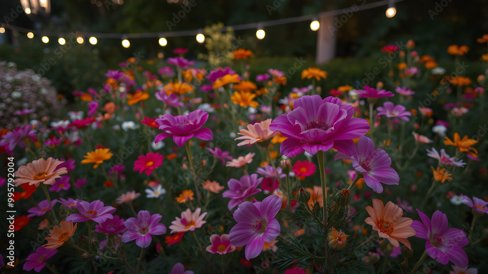 Obraz premium Colorful Flower Garden with Ambient Lights at Night