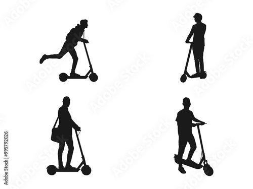 Young man rides a modern urban electric scooter, black isolated silhouette. Hurry businessman on scooter silhouette vector. man riding an electric scooter silhouette on a white background.