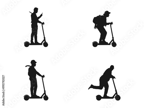 Young man rides a modern urban electric scooter, black isolated silhouette. Hurry businessman on scooter silhouette vector. man riding an electric scooter silhouette on a white background. photo