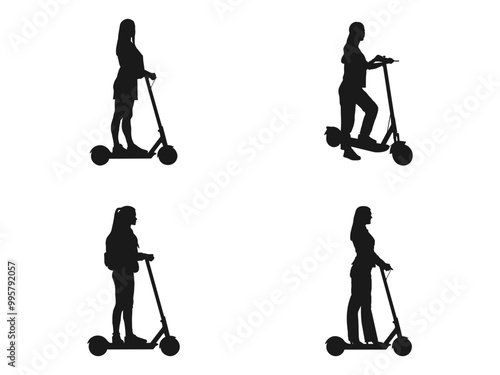 Young woman rides a modern urban electric scooter, black isolated silhouette. electric scooter silhouette vector driving on scooter. woman riding an electric scooter silhouette on a white background.