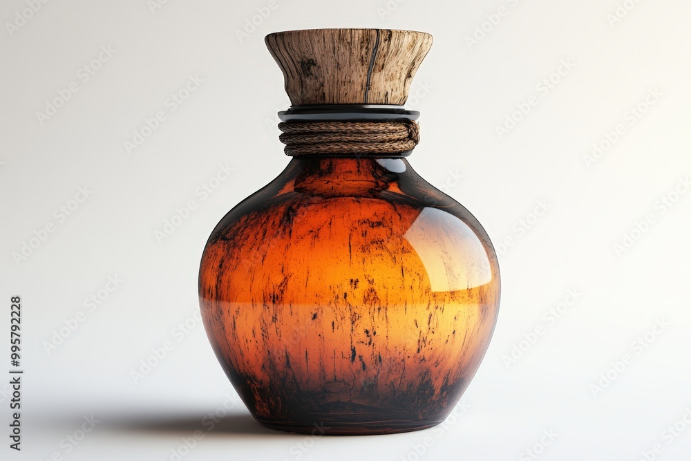Stylish amber glass bottle with cork stopper, white isolated background.